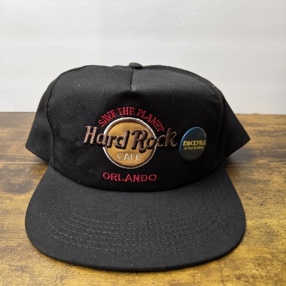 Vintage 80s Hard Rock Cafe Orlando Leather Strapback Hat Made in USA Black